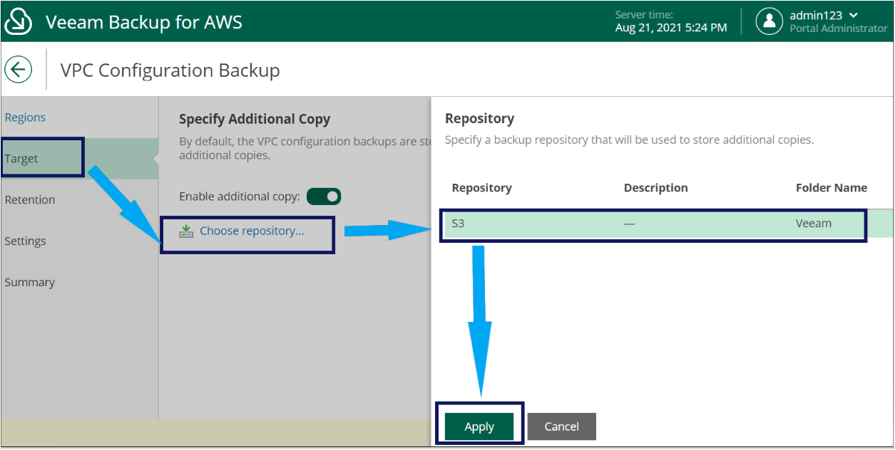 Adding the Additional VPC configuration backup copies to an S3 repository