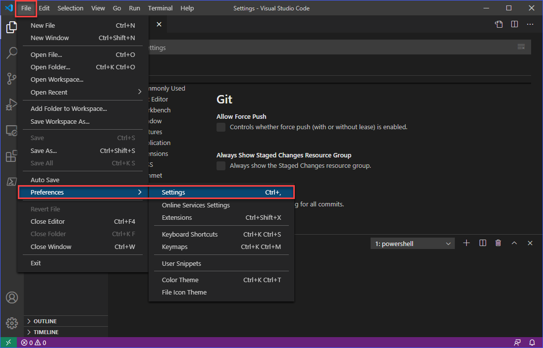 Visual Studio Code GitHub setup settings menu item