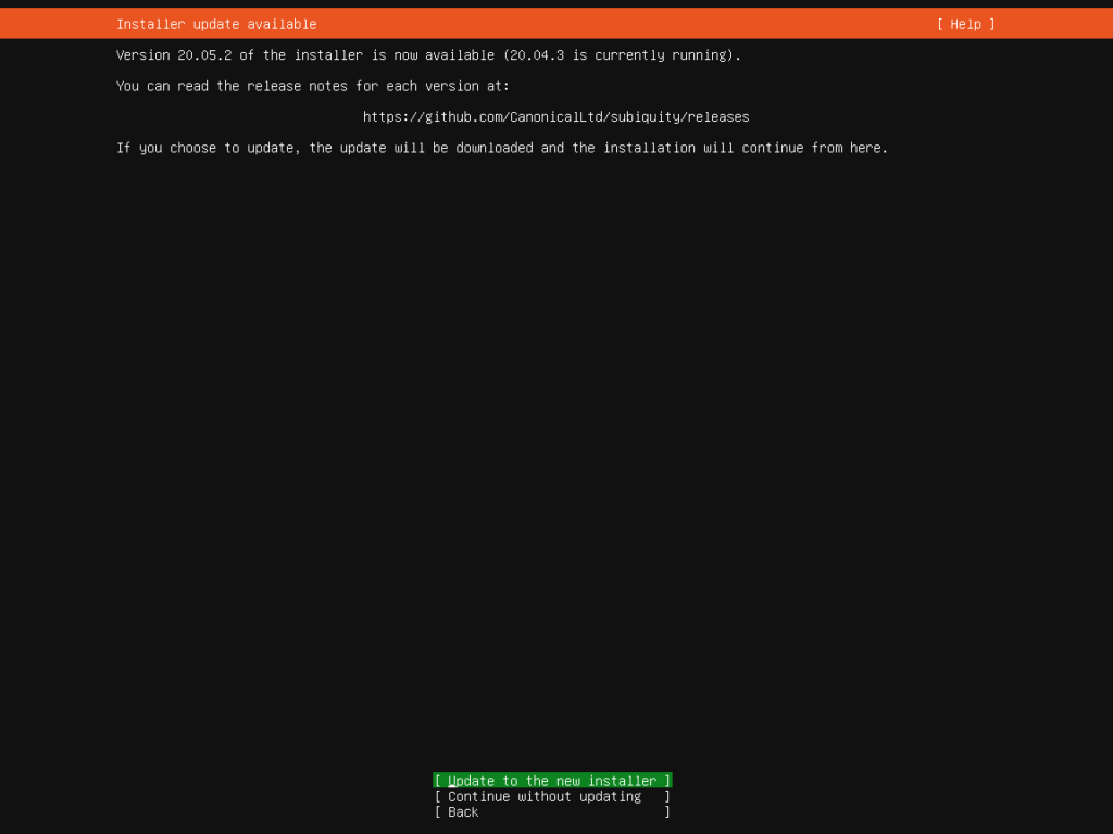 Ubuntu Server 20.04 Installation Screen - Update Installer