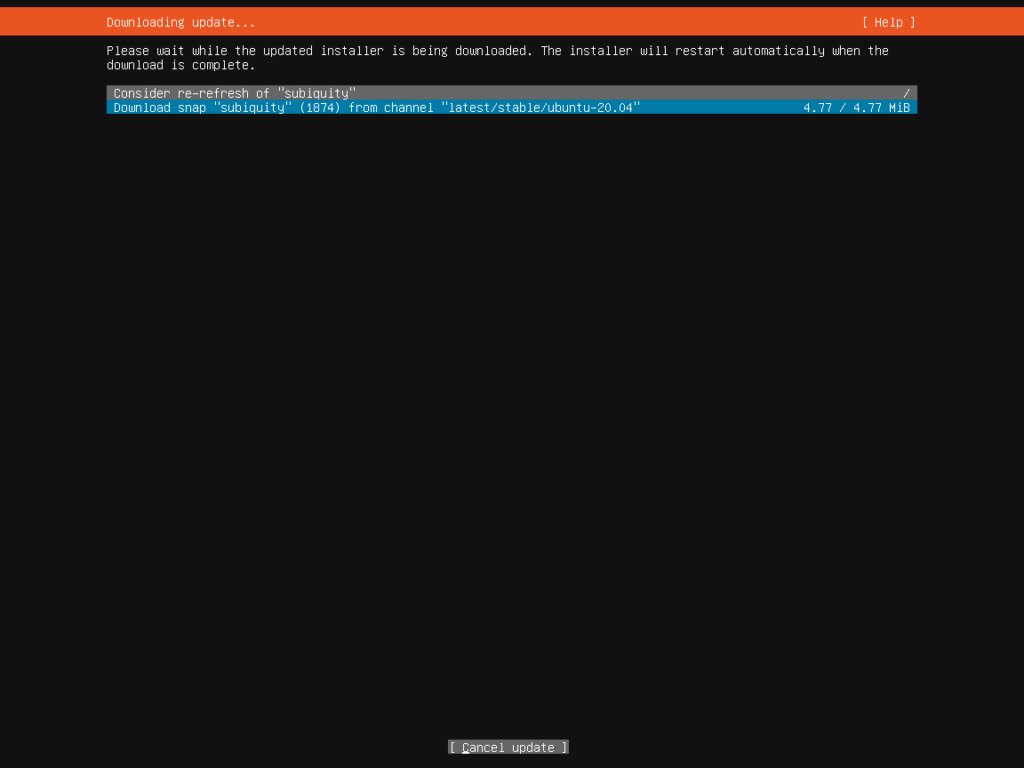 Ubuntu Server 20.04 Installation Screen - Update Installer Downloading