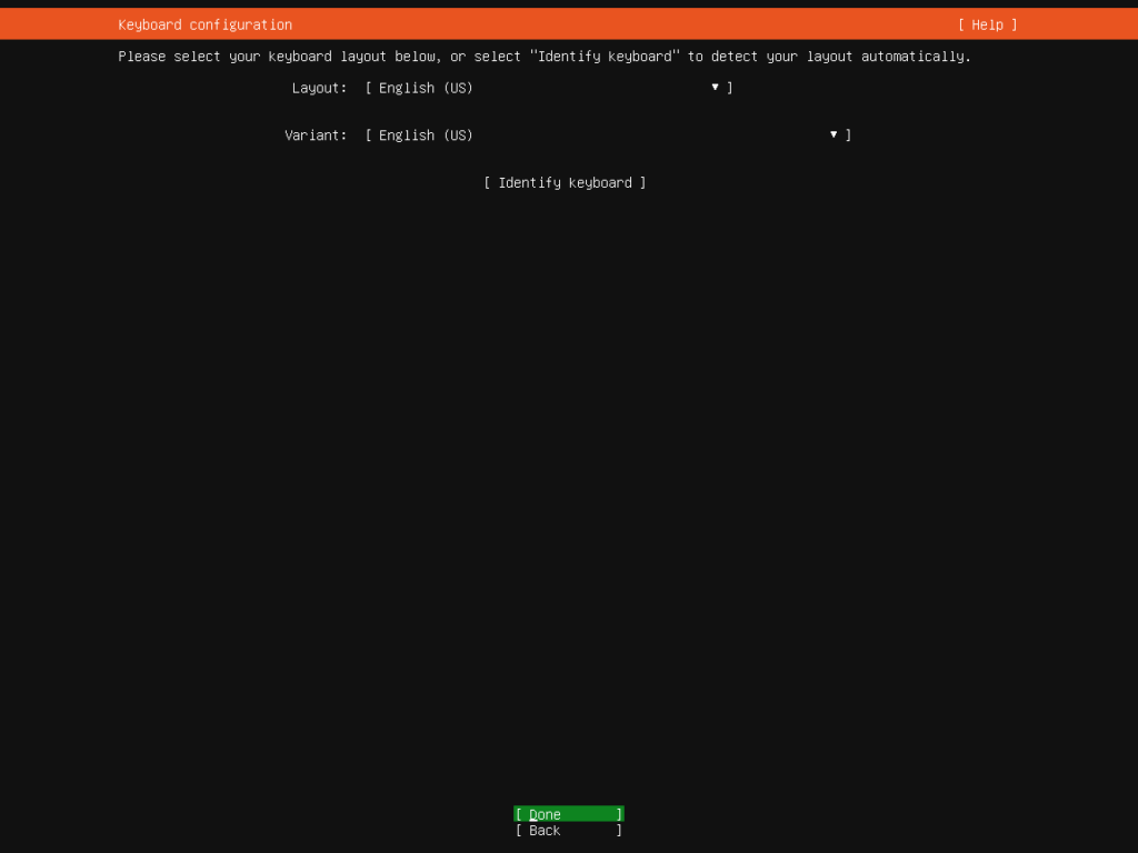 Ubuntu Server 20.04 Installation Screen - Select Keyboard Layout