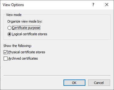 Figure 2 - The Certificates MMC View Options with Physical certificate stores selected.