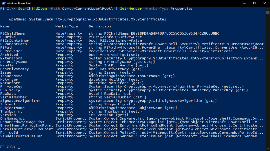 Figure 9 - The properties available for the returned certificate objects.