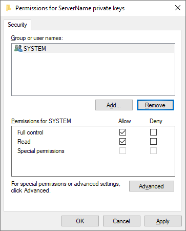 The Basic Security Property Page for the private keys of a certificate with the Subject of ServerName.