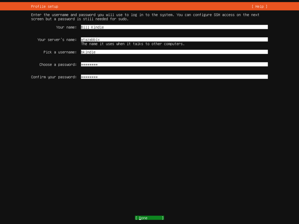 Ubuntu Server 20.04 Installation Screen - Profile Setup
