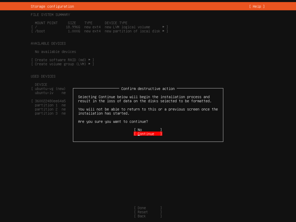 Ubuntu Server 20.04 Installation Screen - Finalize Storage Configuration