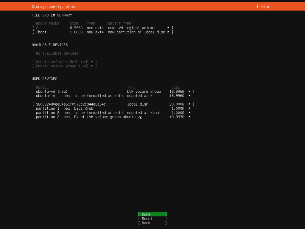 Ubuntu Server 20.04 Installation Screen - Storage Configuration