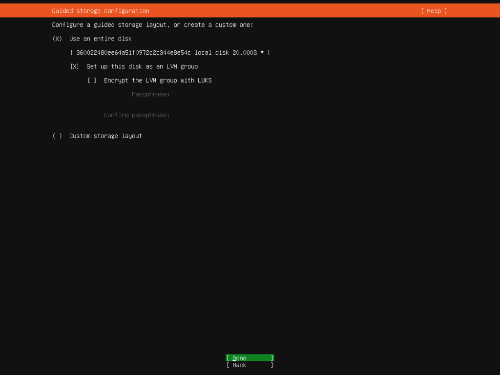 Ubuntu Server 20.04 Installation Screen - Guided Storage Configuration