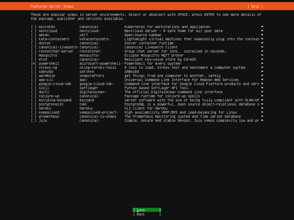 Ubuntu Server 20.04 Installation Screen - Featured Server Snaps